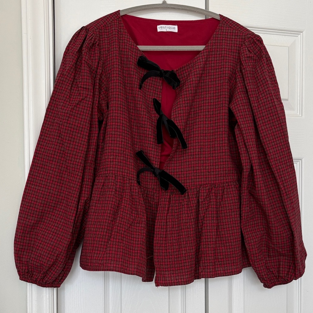 vestique Red and Black Plaid Peplum Blouse with Velvet Bow Ties